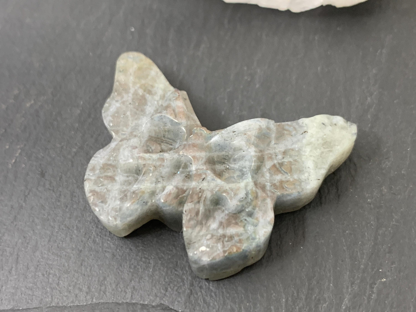Natural Labradorite Carving - Ghost Face Butterfly 29x40mm Flat Back Gemstone