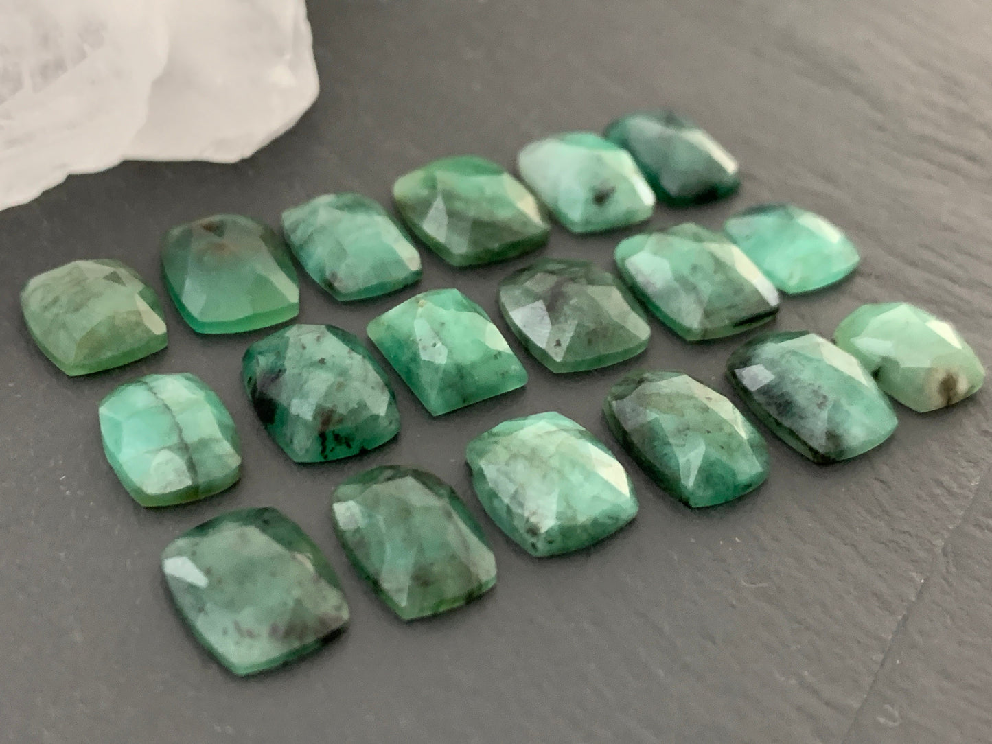 Emerald Faceted rectangle 9-11mm long cabochon