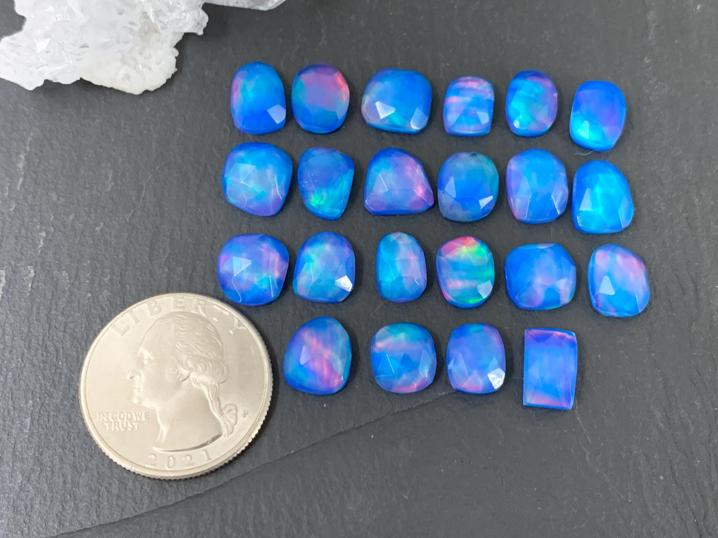 Faceted Aurora Opal free form 9-10mm long doublet cabochons - Doublet cabochons