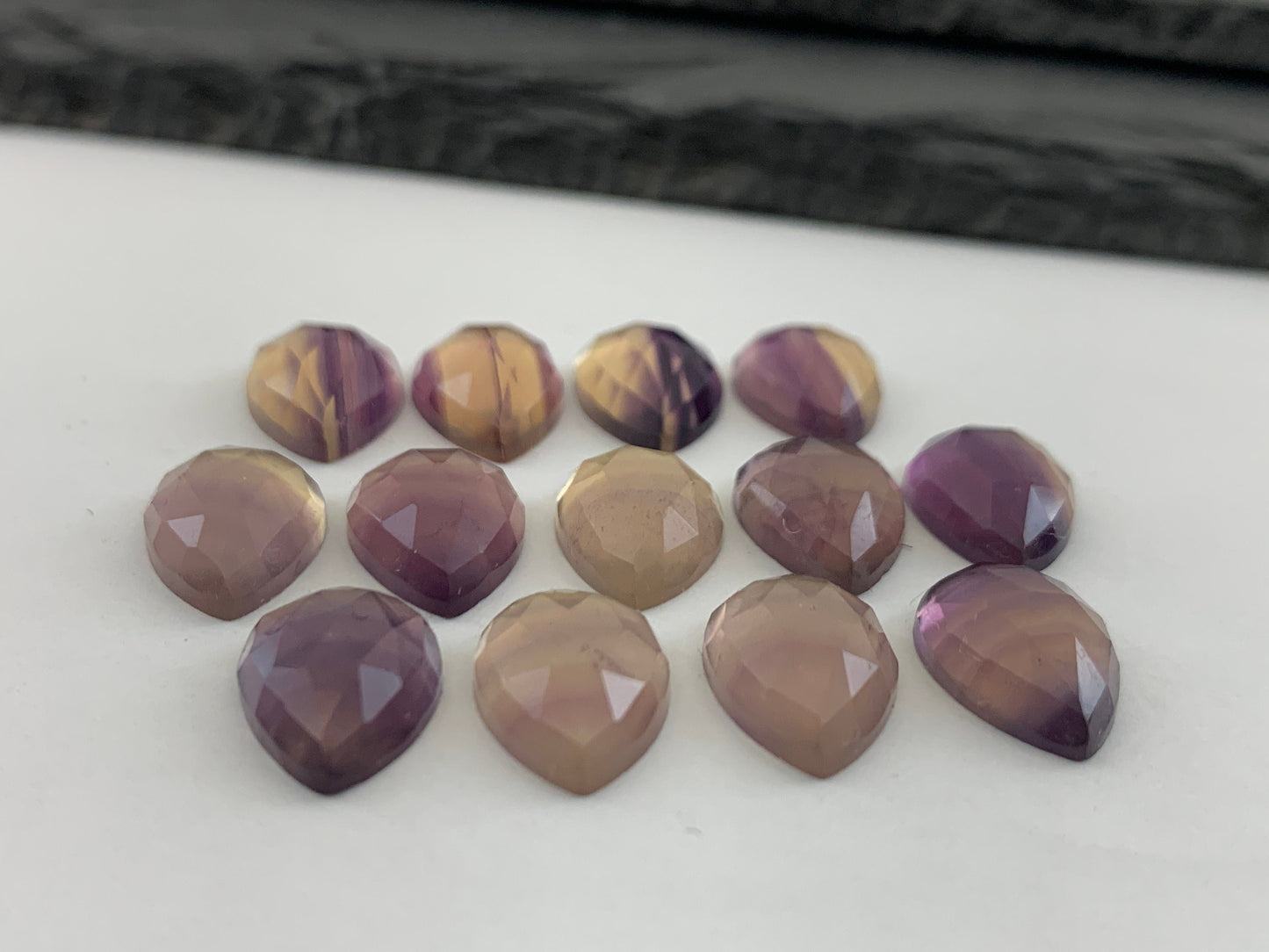 Faceted Fluorite pear 10x13mm cabochon