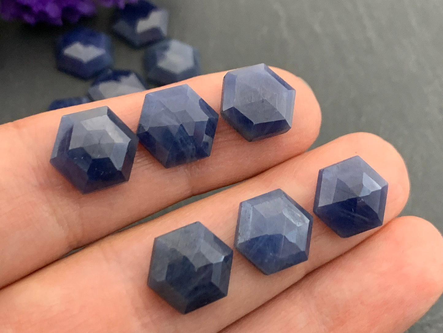 Faceted Blue Sapphire hexagon 10mm cabochon