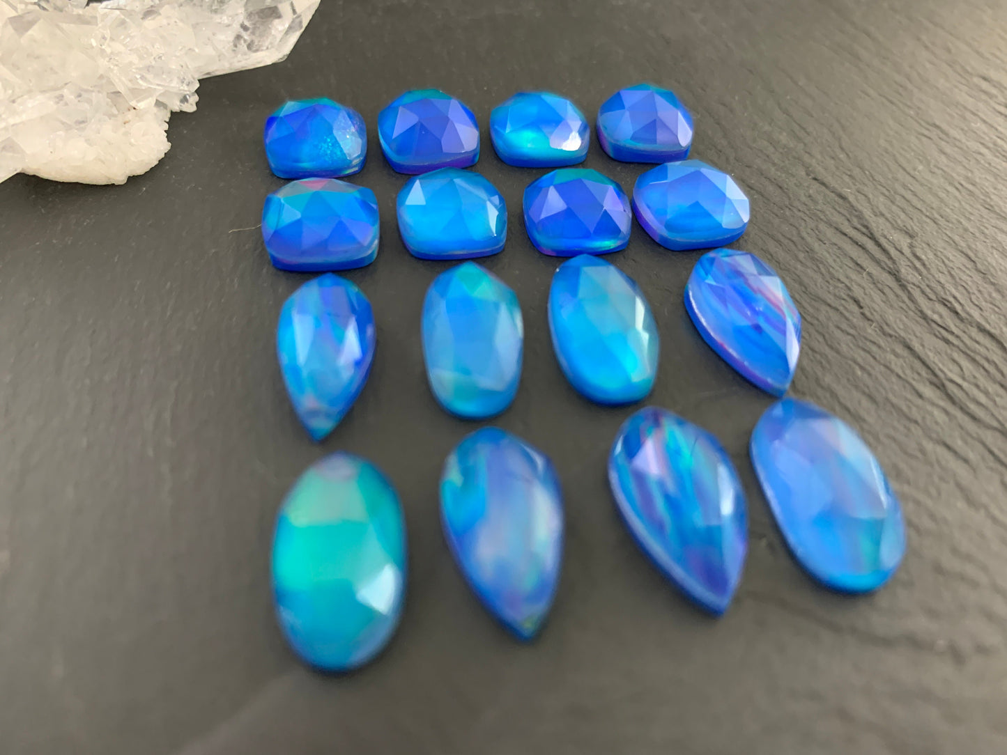 Faceted Aurora Opal 10-15mm long cabochon - Doublet cabochons