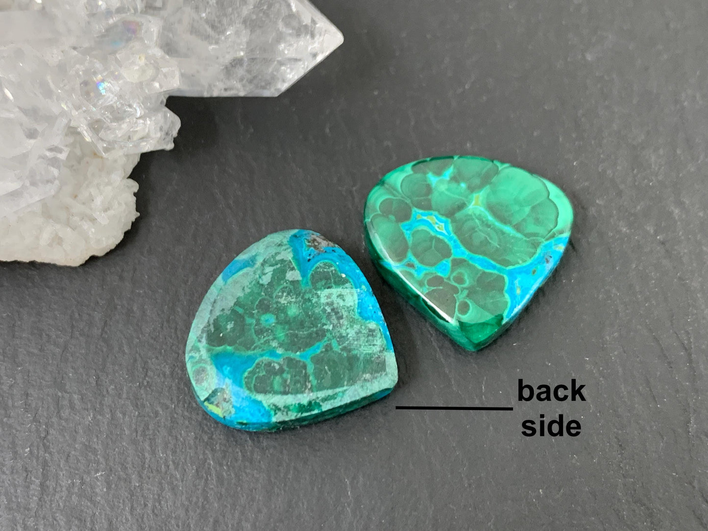 Malachite Chrysocolla pear 16x17x4mm cabochon pair
