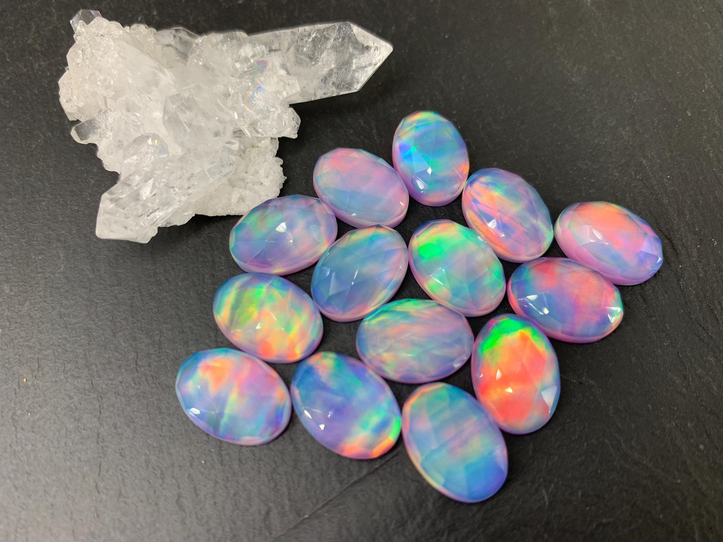 Faceted Aurora Opal oval 10x14mm cabochons - Doublet cabochons