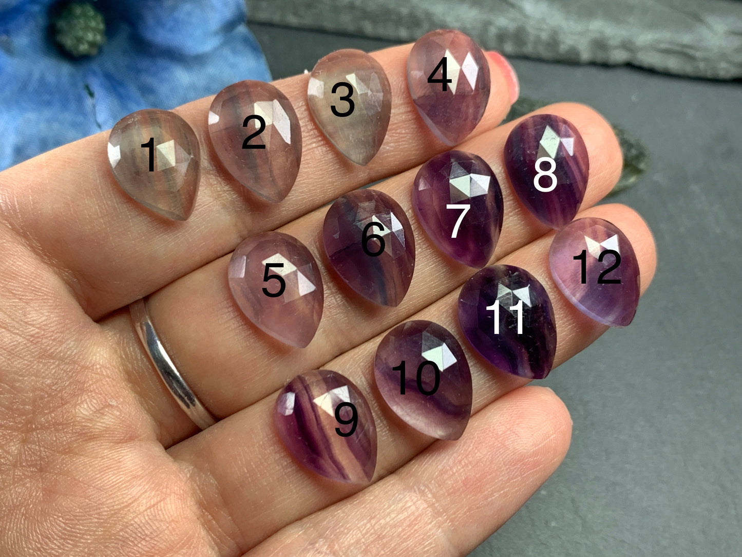 Faceted Fluorite pear 10x14mm Cabochon - Calibrated cabochons