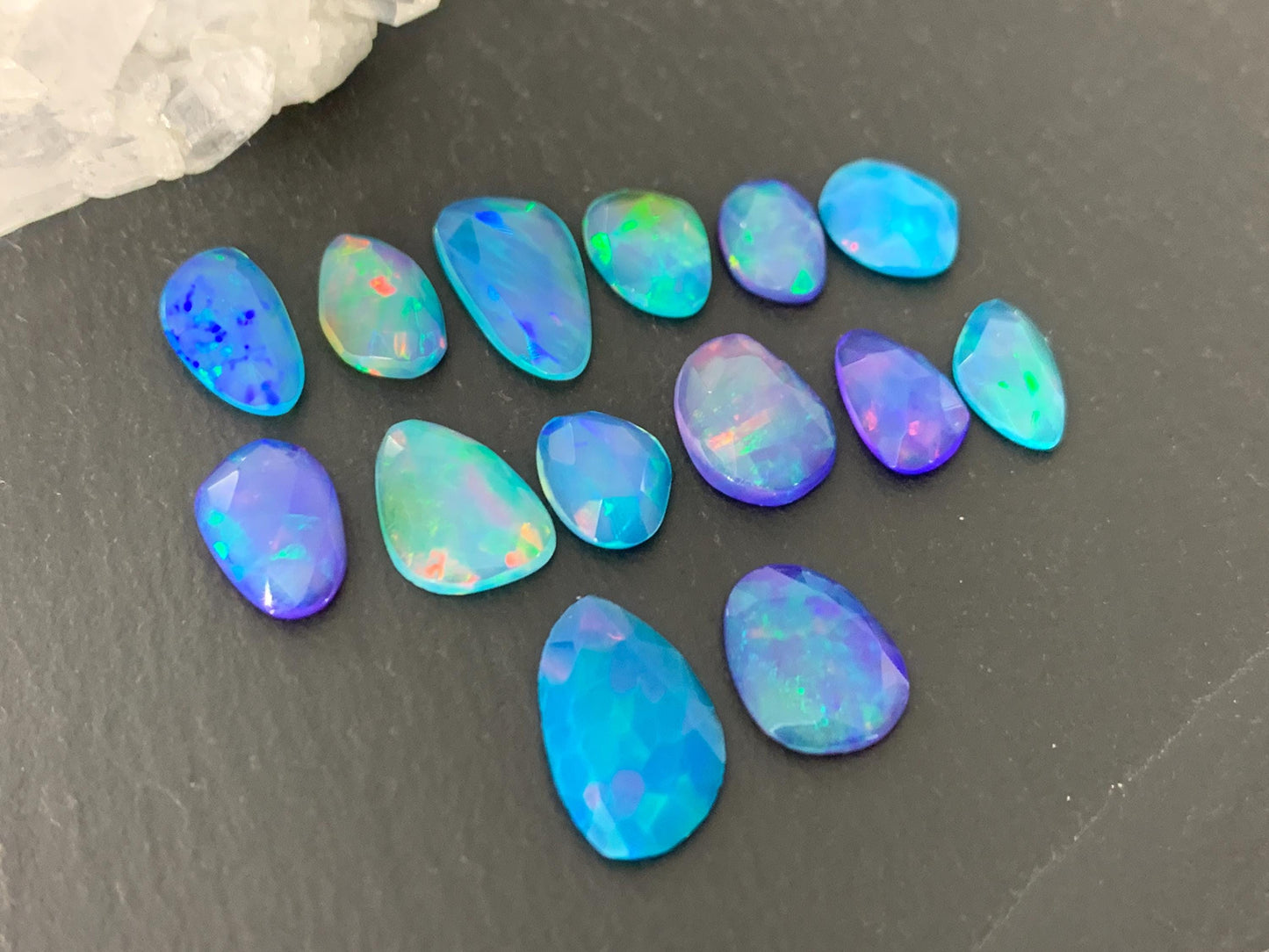 Faceted Blue Ethiopian Opal 8-14mm long cabochon