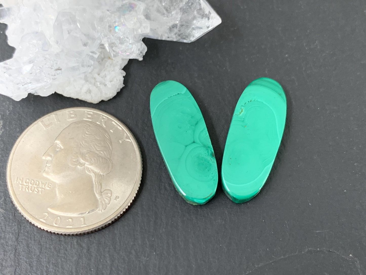 Malachite oval 9x25x4mm cabochon pair