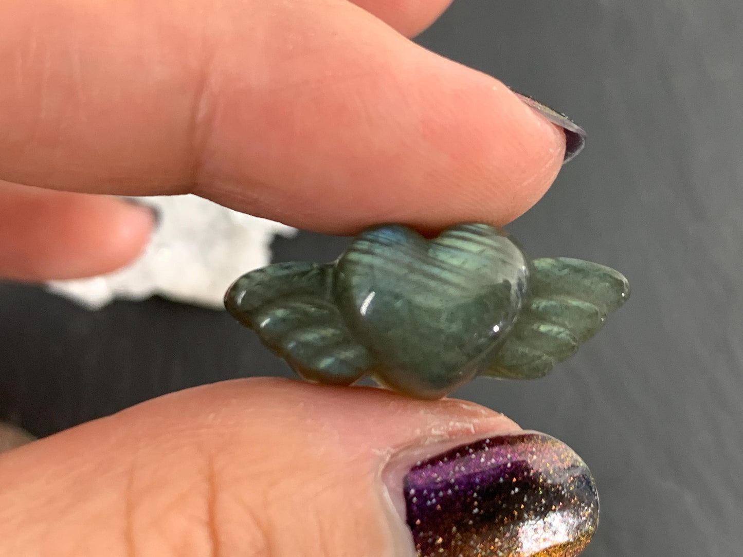 Labradorite Heart with Wings 25x10mm. Hand Carved Gemstone