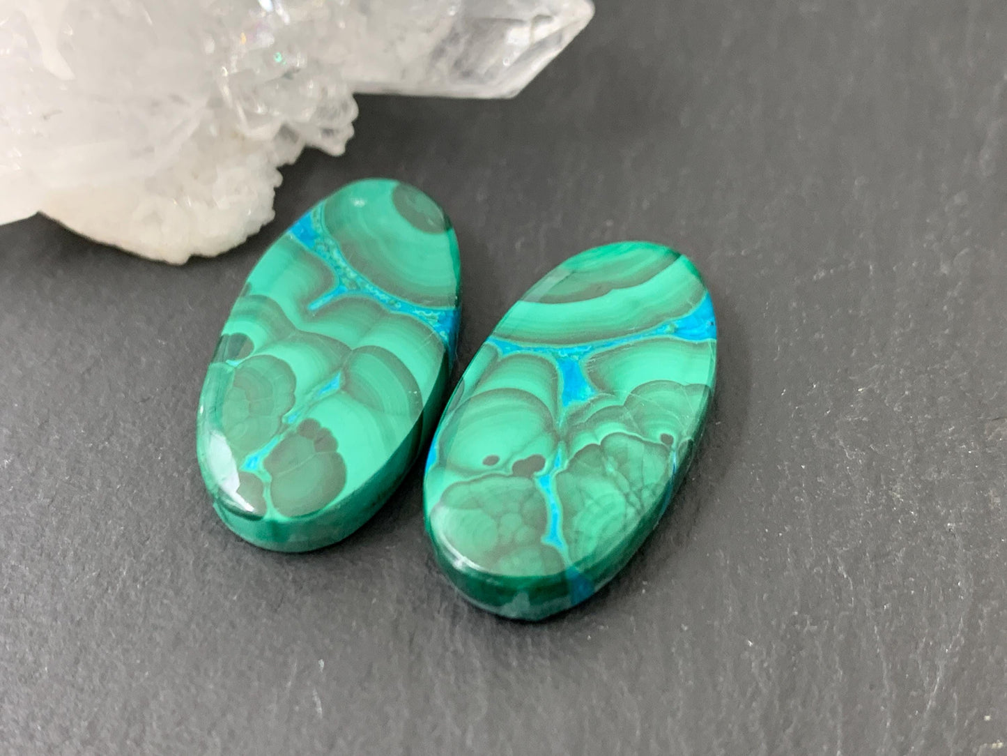 Malachite Chrysocolla oval 12x24x4mm cabochon pair