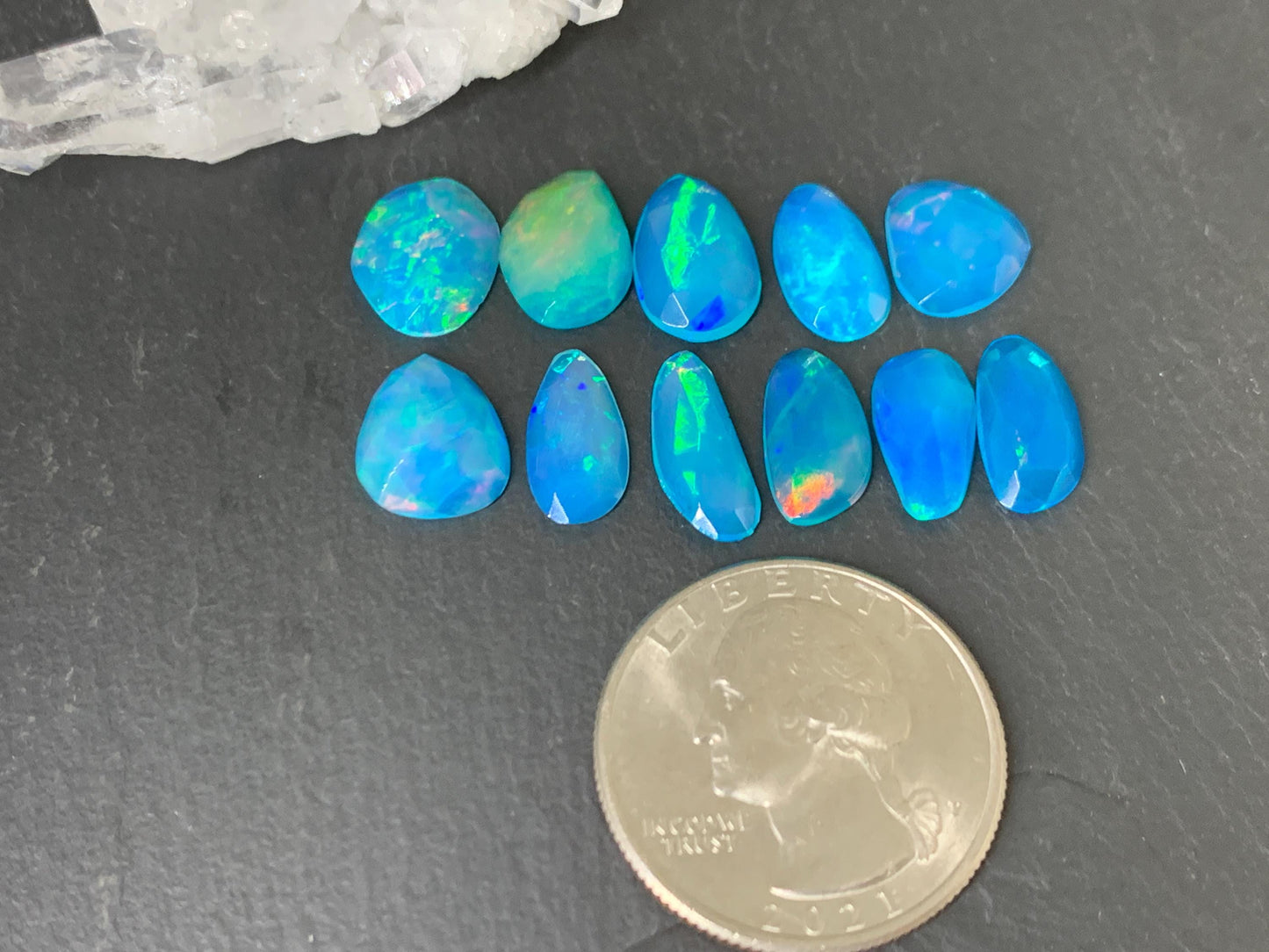Faceted Blue Ethiopian Opal 10-13mm long cabochon