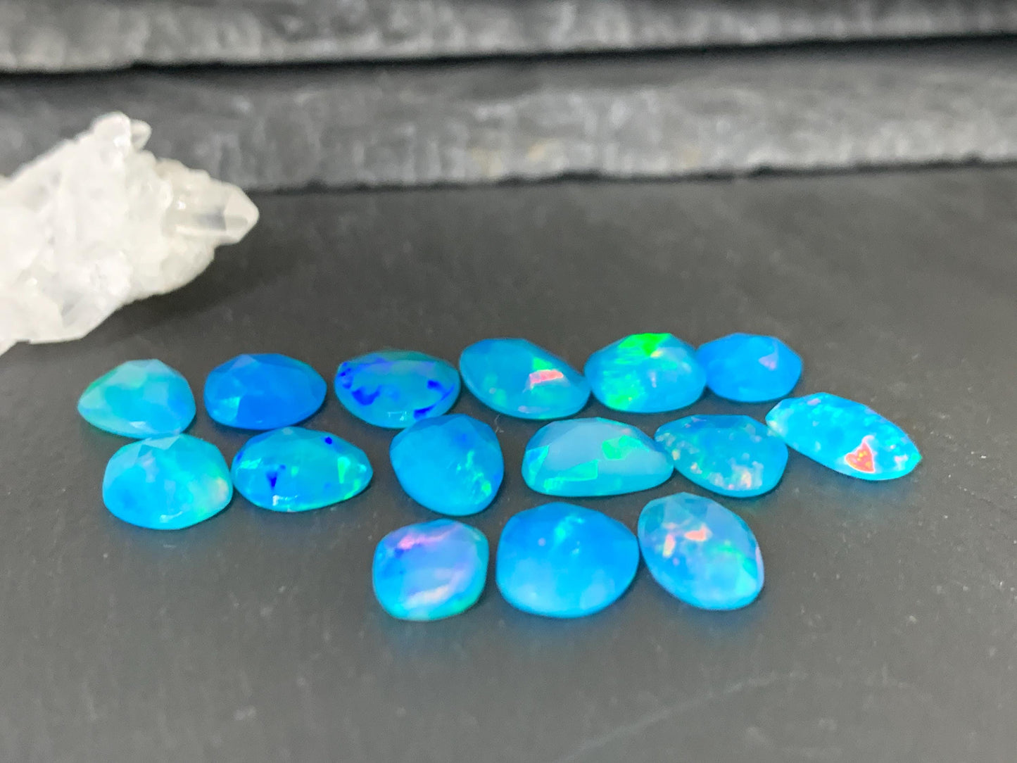 Faceted Blue Ethiopian Opal 9-12mm long cabochon