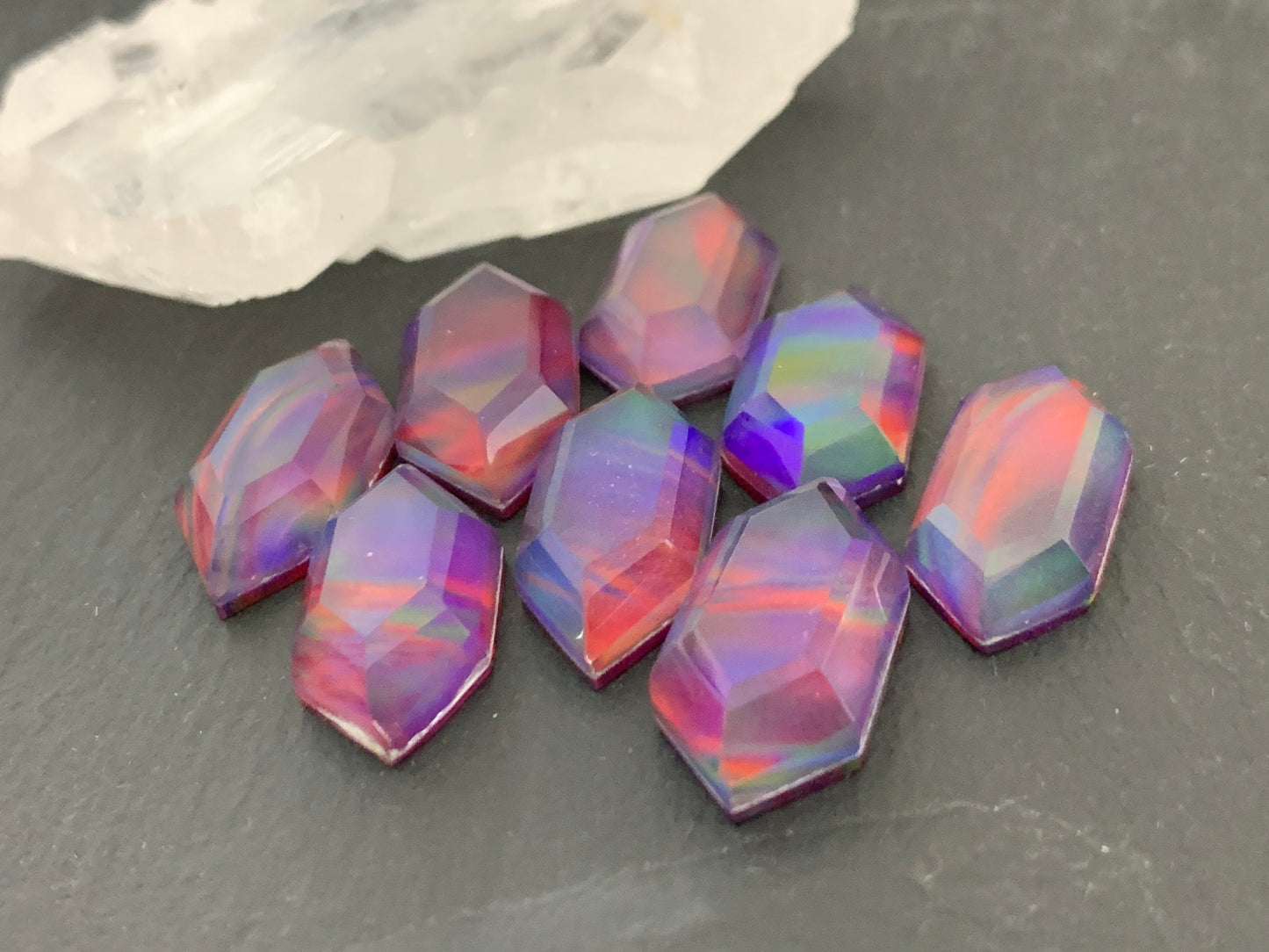 Faceted Aurora Opal long hexagon 10x20mm cabochon - Doublet cabochons