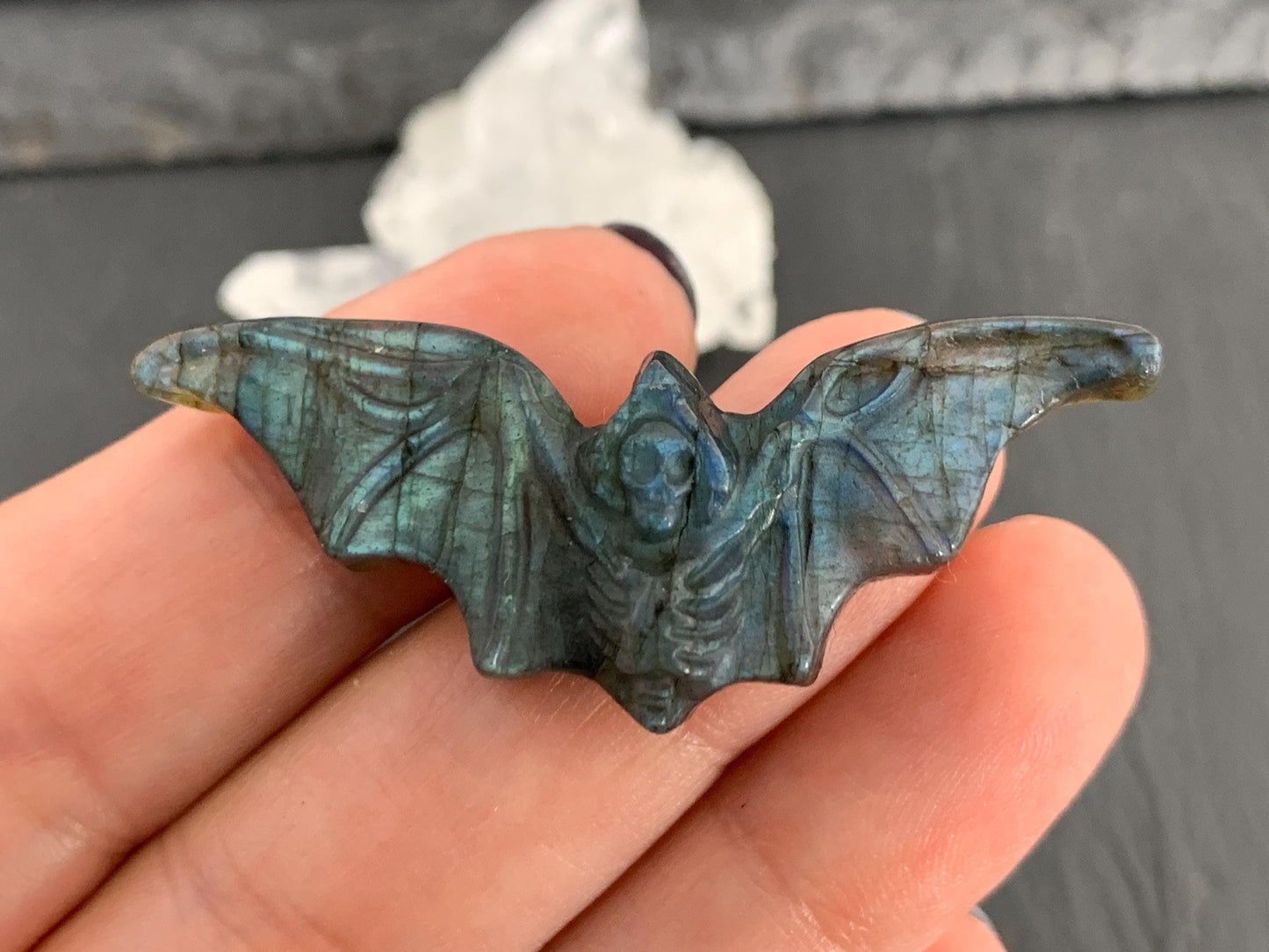 Labradorite skeleton bat 19x48mm flat back carving