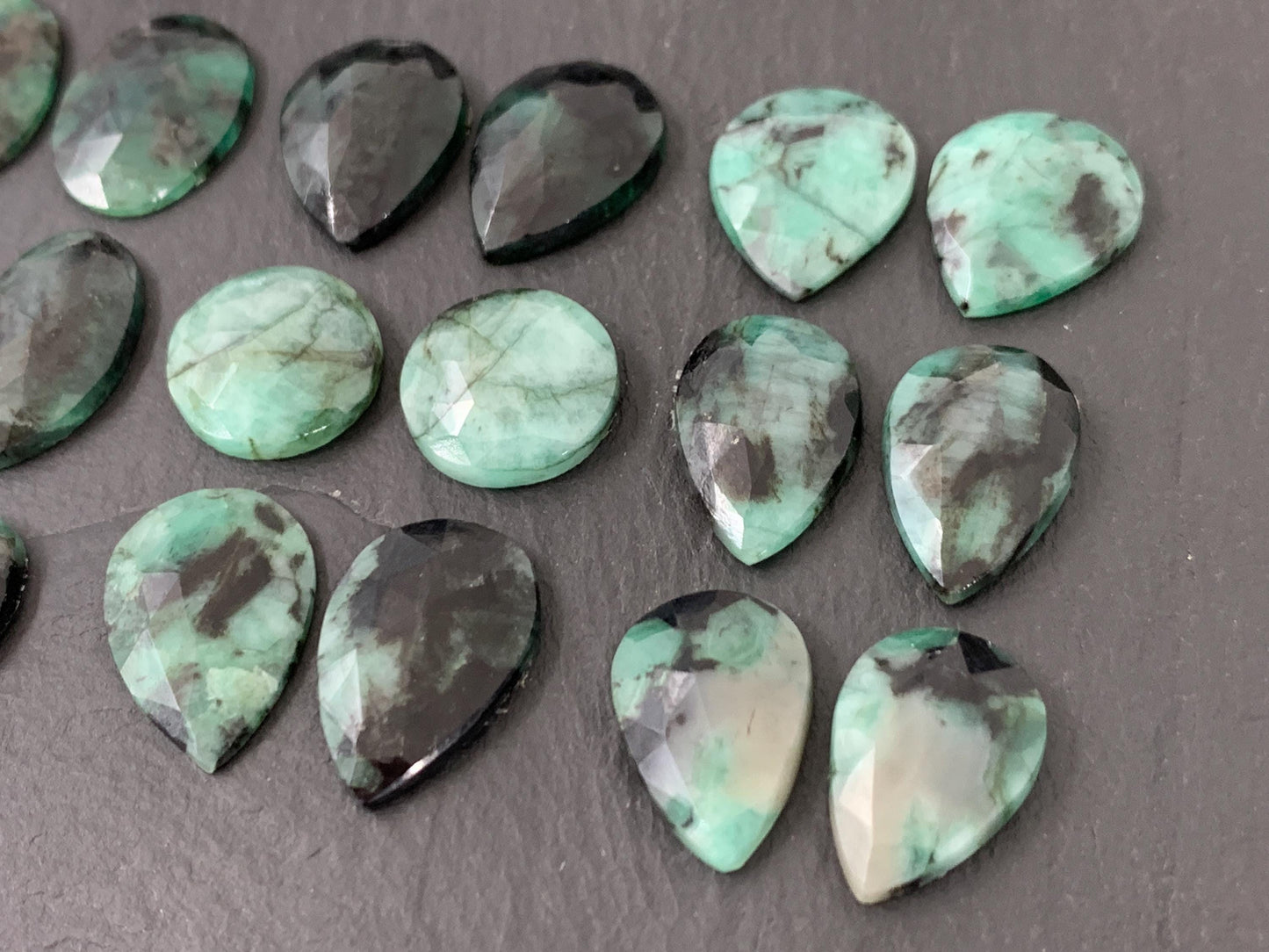 Faceted Emerald Pair 14-18mm long cabochons