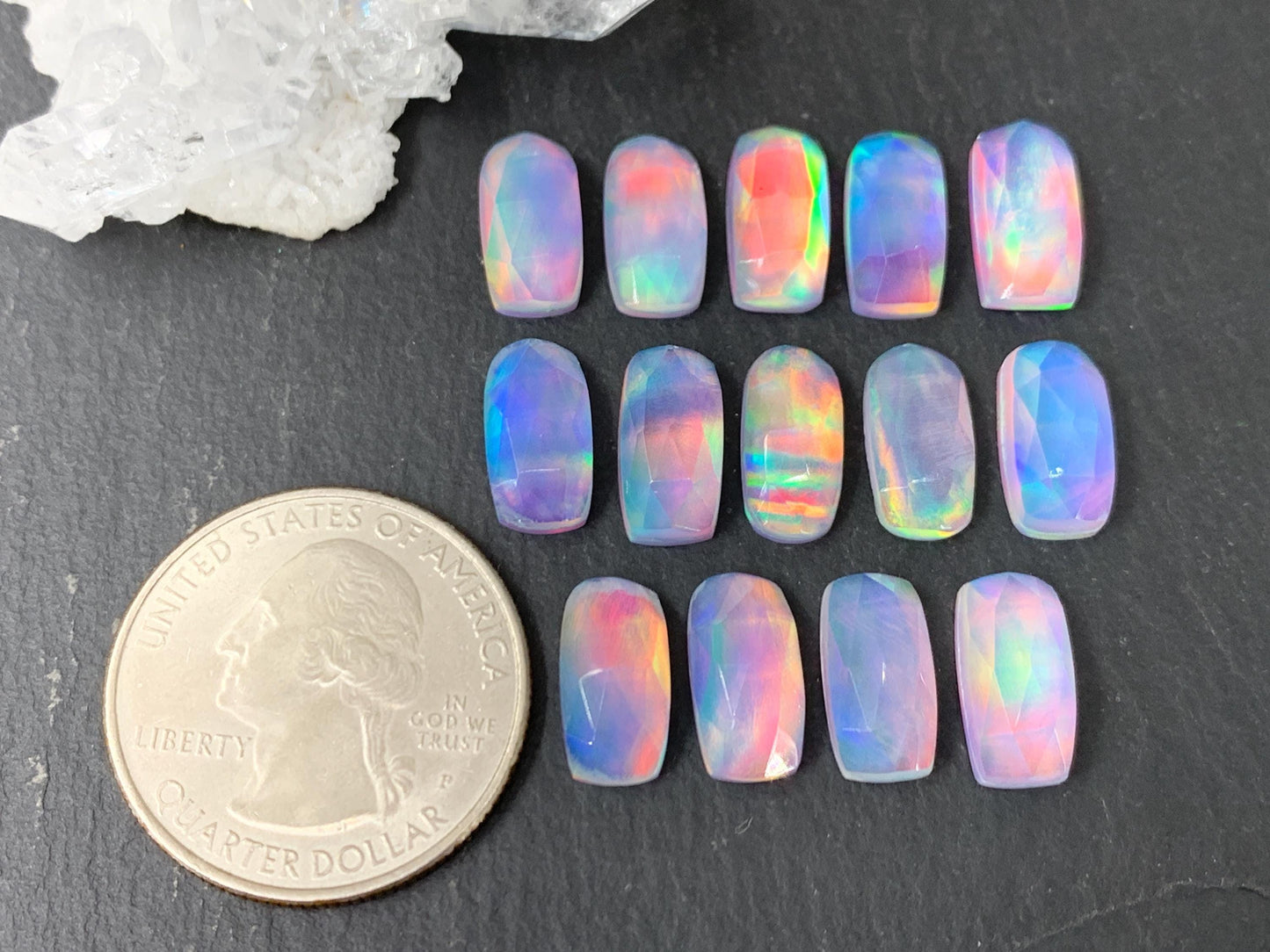 Faceted Aurora Opal rectangle 6x12mm cabochon - Doublet cabochon