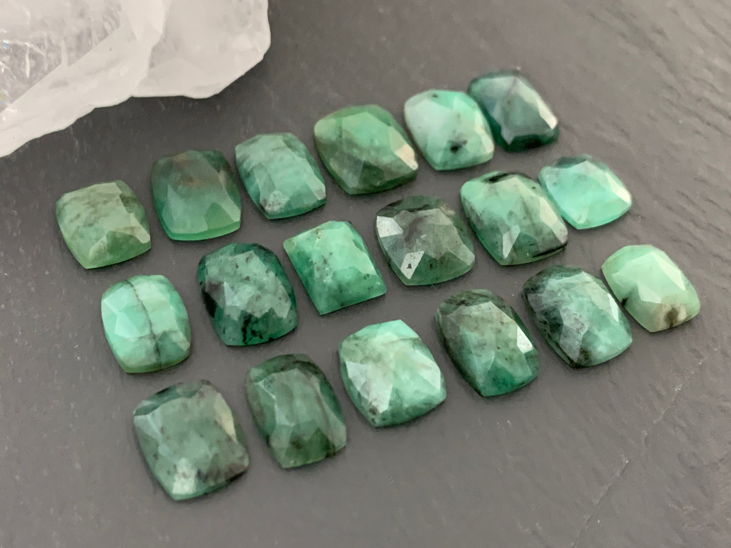Emerald Faceted rectangle 9-11mm long cabochon