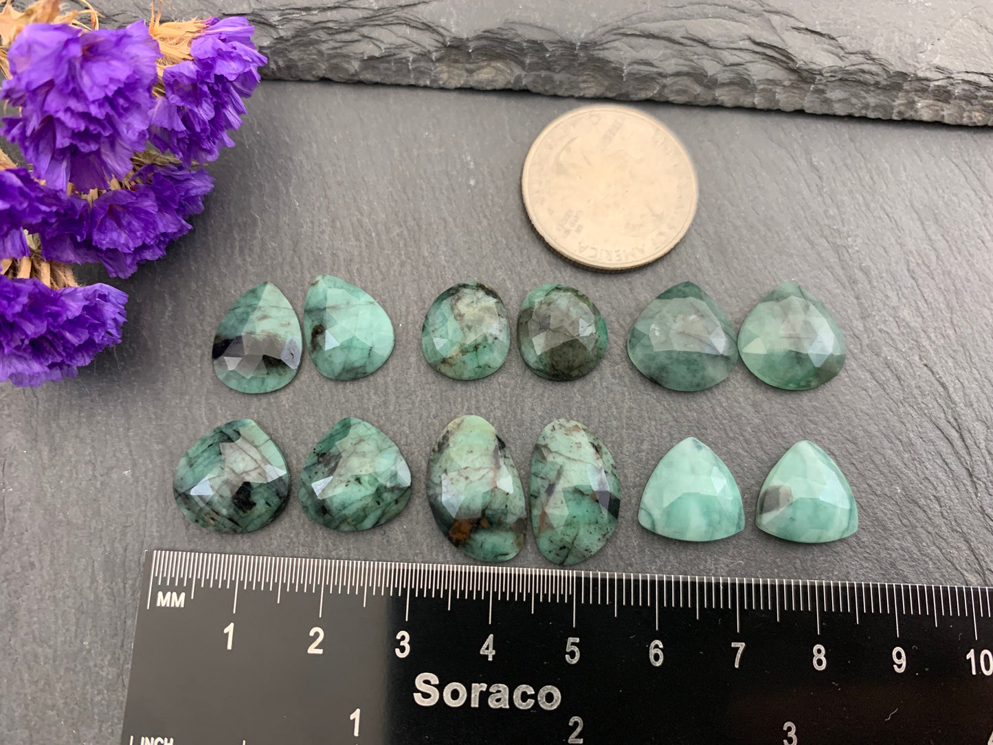 Faceted Emerald pair 13-18mm long cabochon