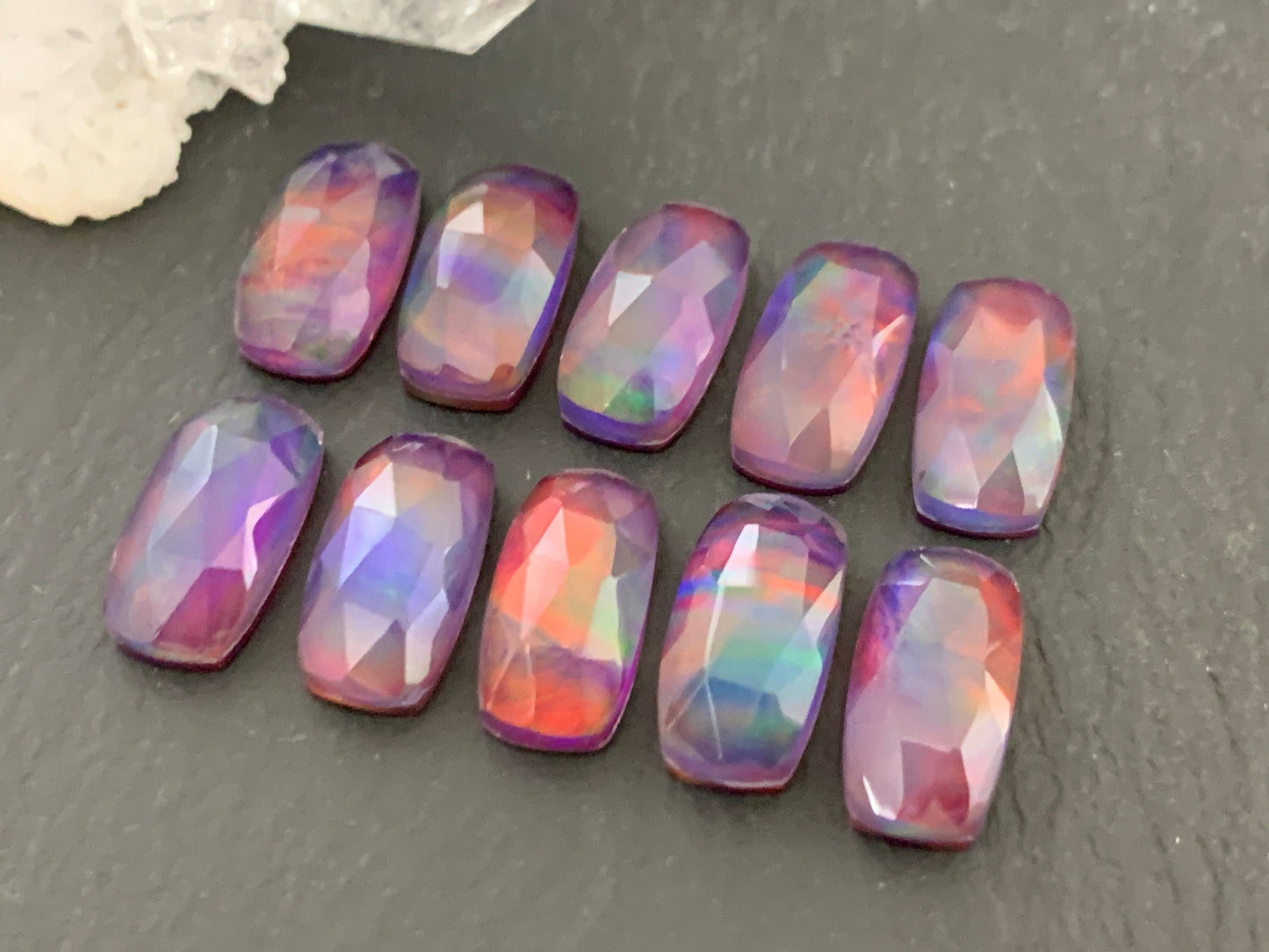 Faceted Aurora Opal rectangle 7x14mm cabochon - Doublet cabochons