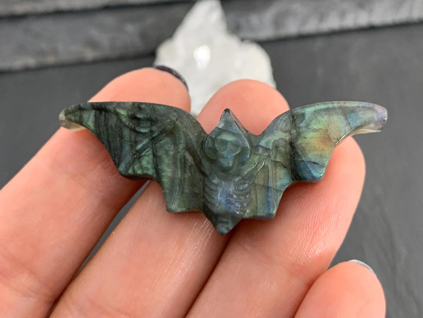 Labradorite skeleton bat 18x48mm flat back carving
