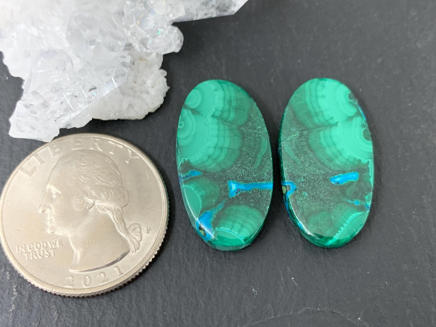 Malachite Chrysocolla oval 14x26x4.5mm cabochon pair