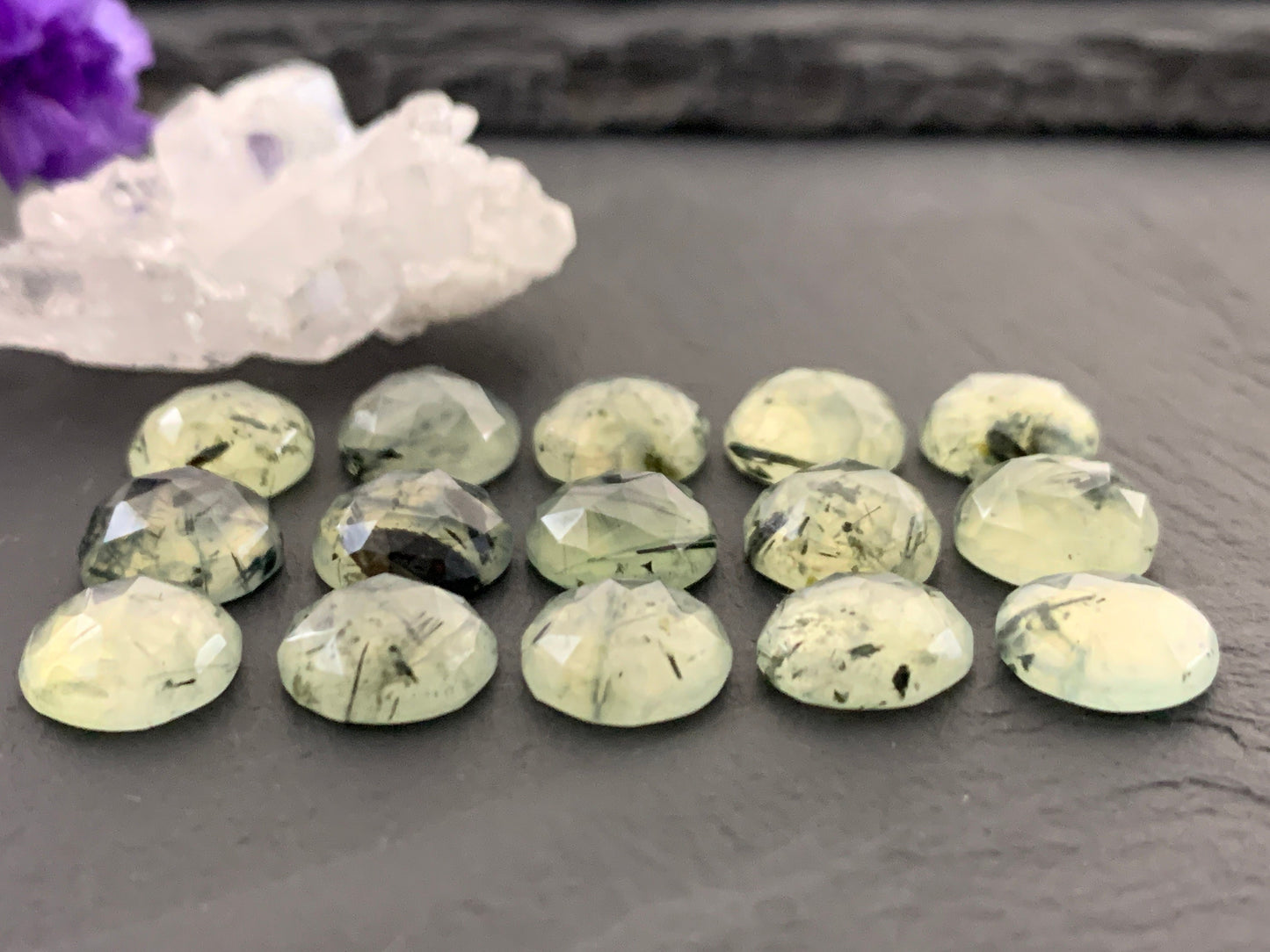Faceted Prehnite round 10mm cabochon
