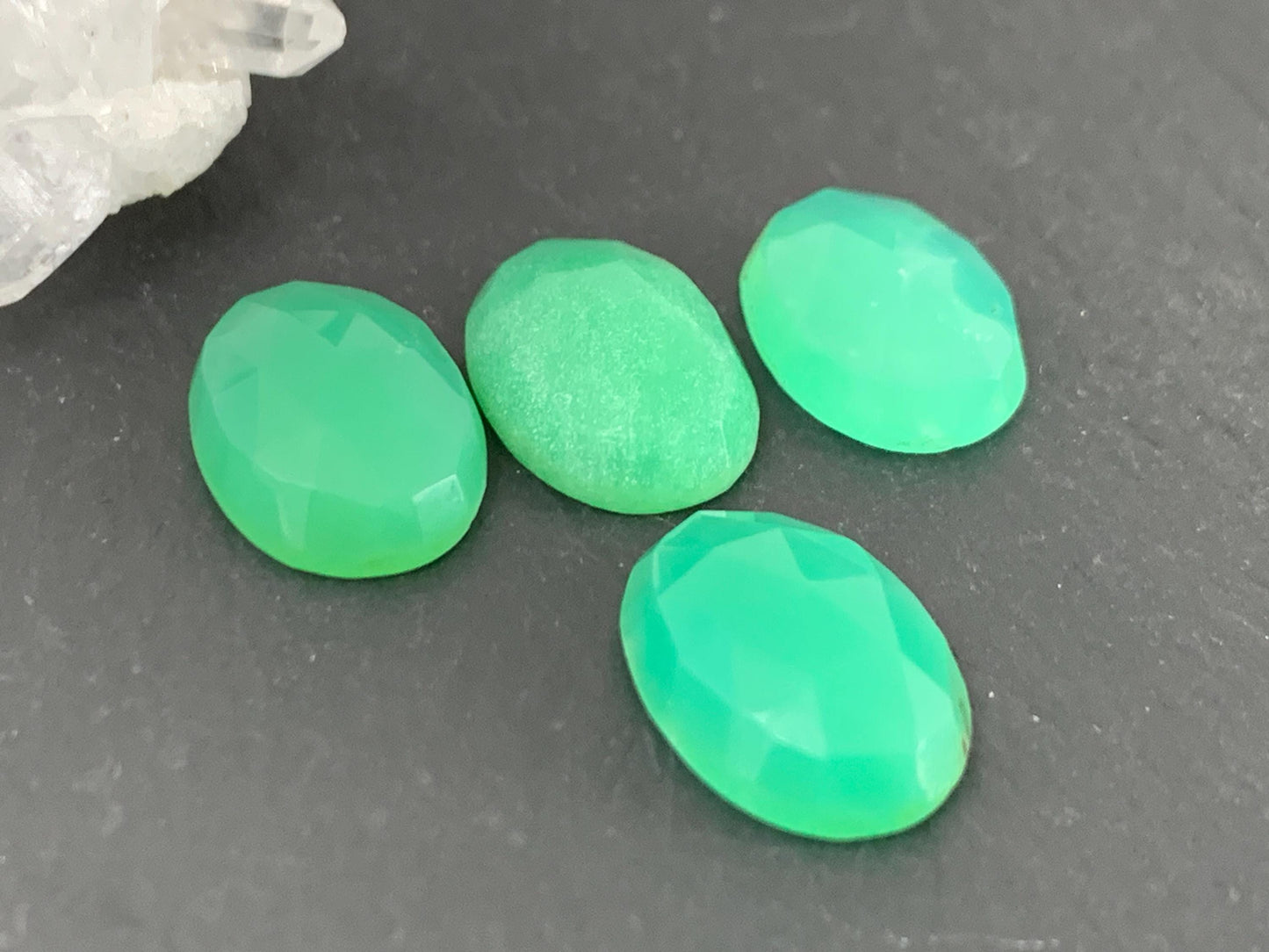 Faceted Chrysoprase Cabochon 10x14mm Oval Green Gemstone - Rose Cut Stone