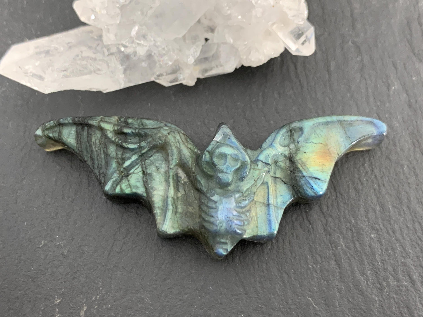 Labradorite skeleton bat 18x48mm flat back carving