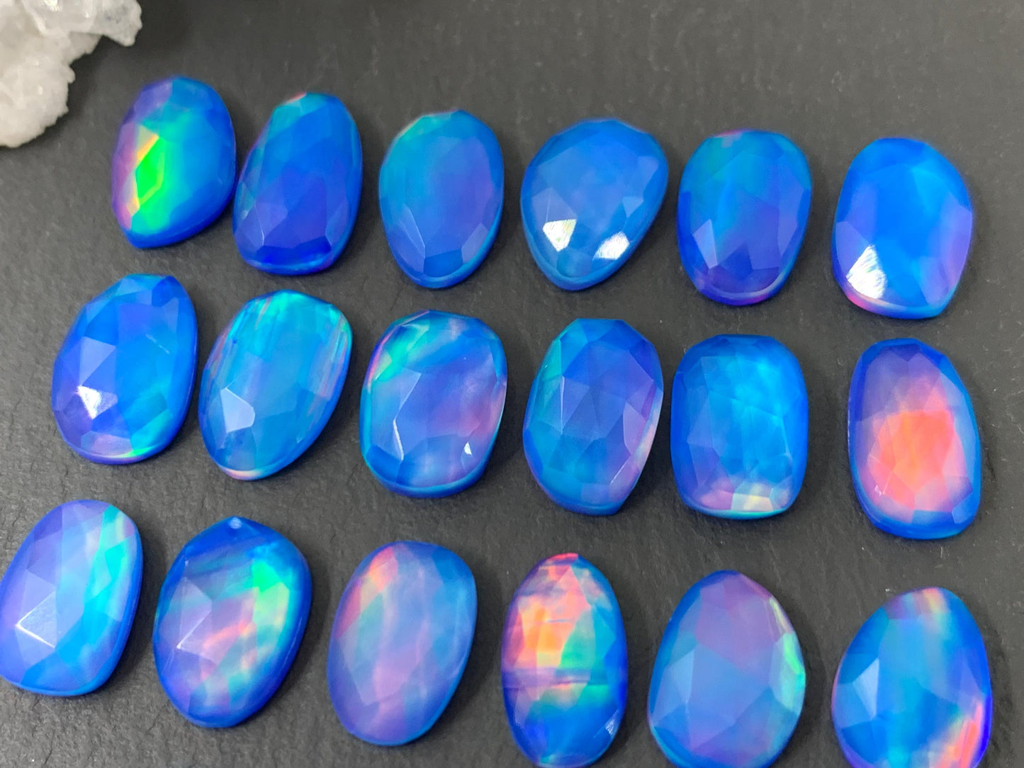 Faceted Aurora Opal oval, free form 11-13mm long doublet cabochons - Doublet cabochons