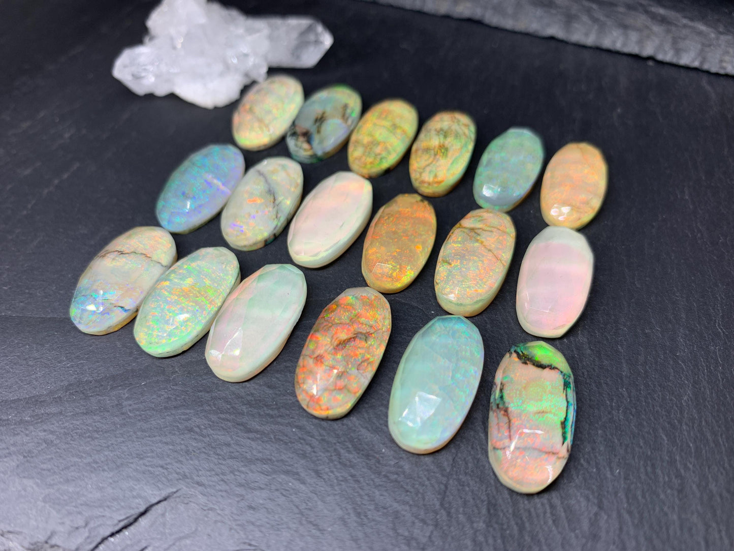 Faceted Monarch Opal oval 10x20mm cabochons - Doublet cabochons