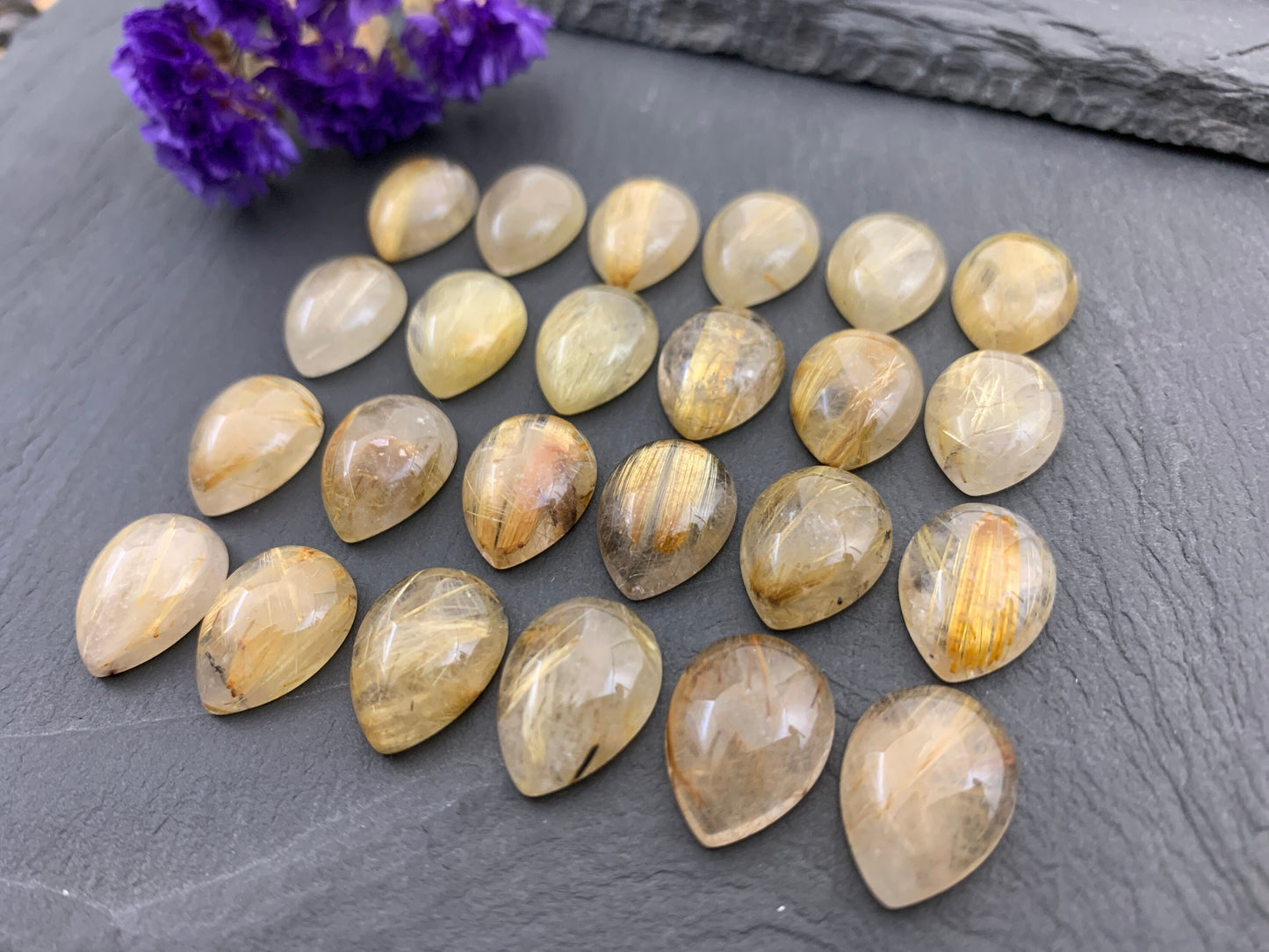 Gold Rutilated Quartz pear 12x16mm cabochon - Calibrated cabochons