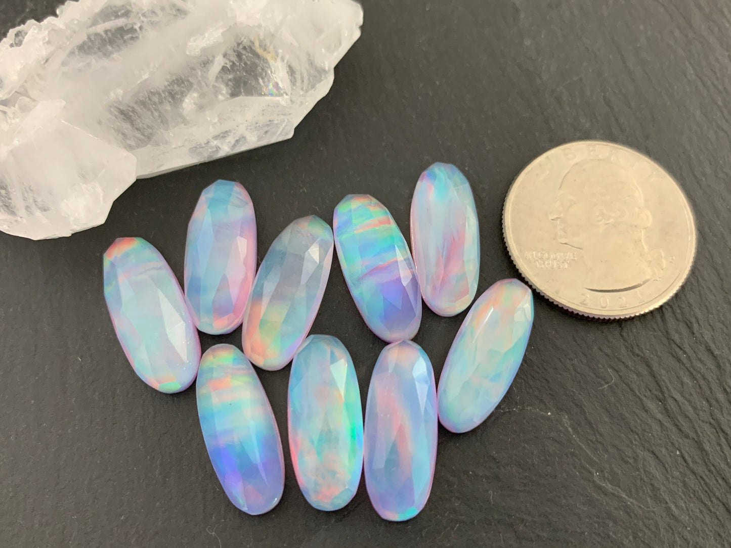 Faceted Aurora Opal oval 8x20mm cabochon - Doublet cabochon