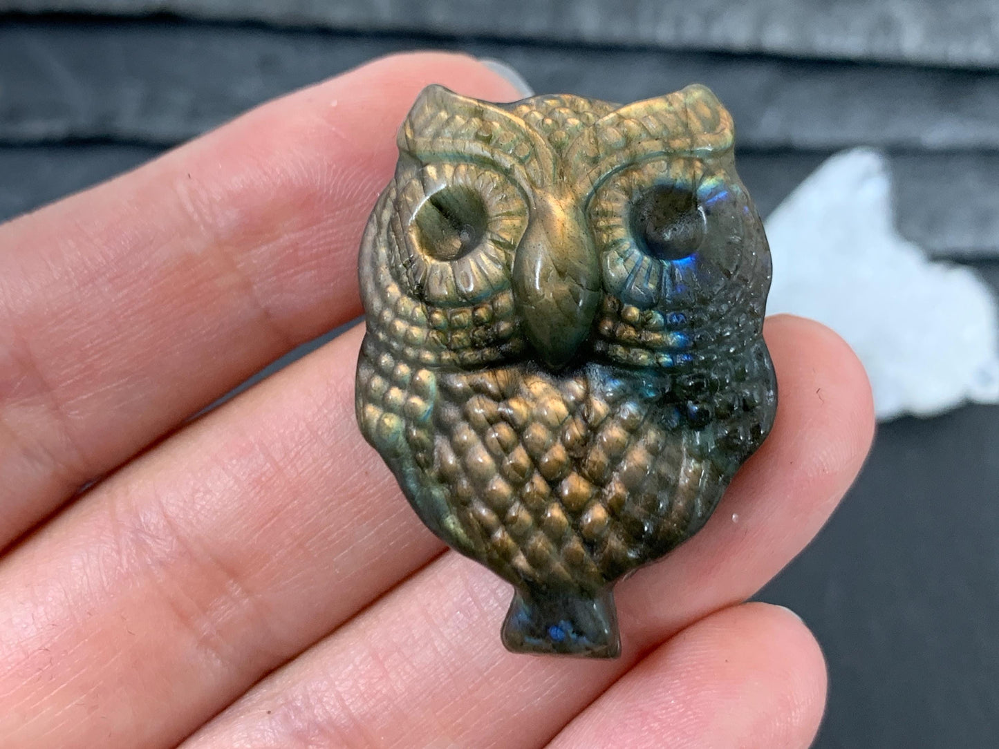 Labradorite Owl Carving - Natural 27x37mm Flat Back Gemstone Figure