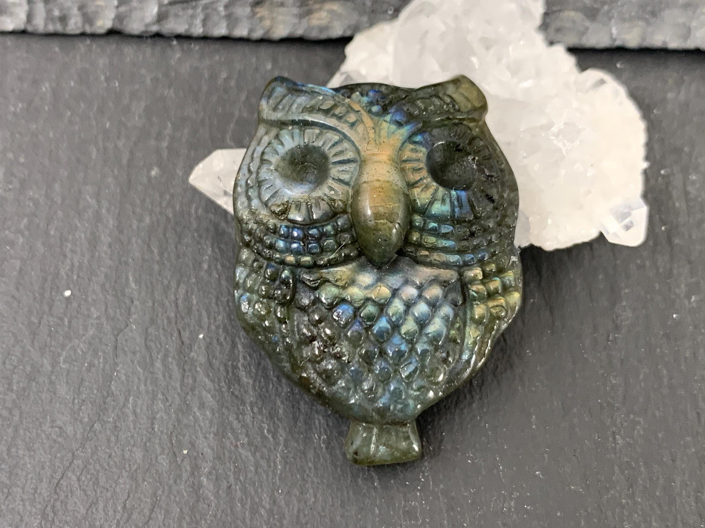 Labradorite Owl Carving - Natural 26x36mm Flat Back Gemstone