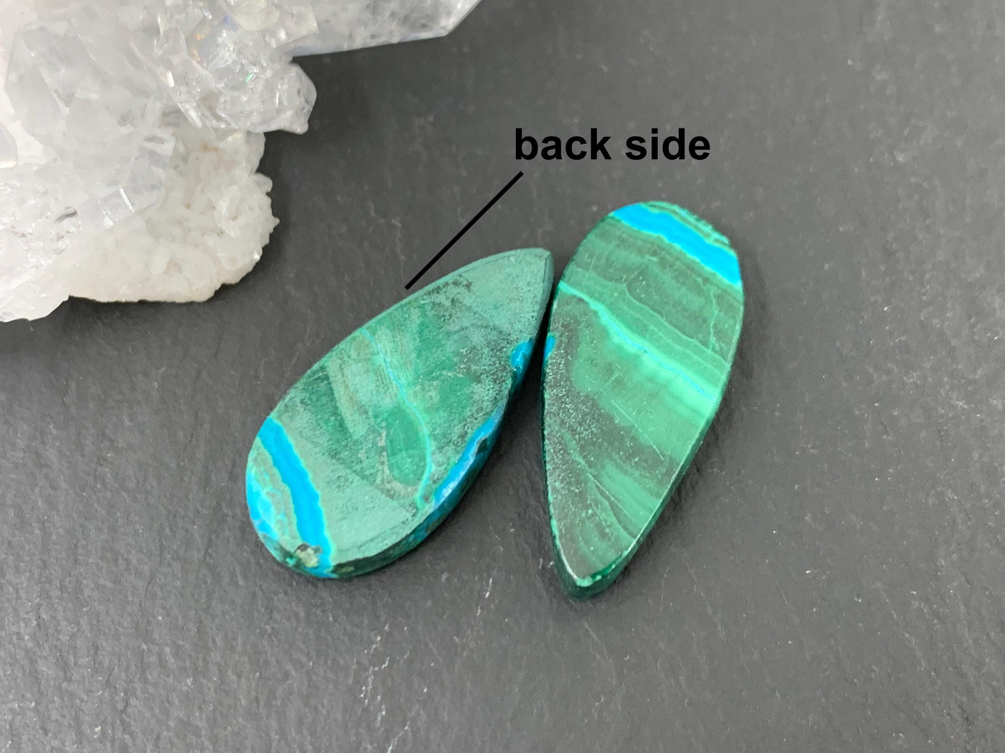 Malachite Chrysocolla pear 11x23x3.5mm cabochon pair