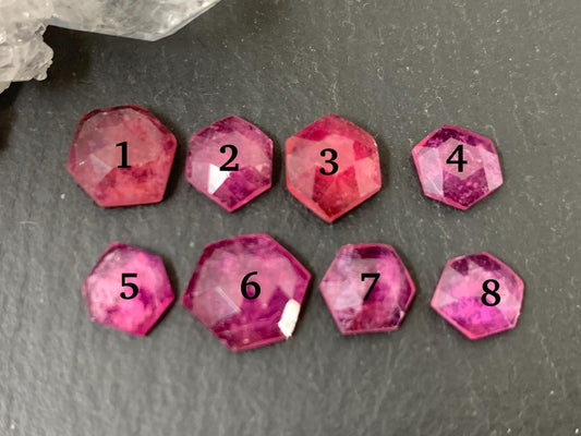 Faceted Thailand pink Sapphire 7-9mm long cabochon.