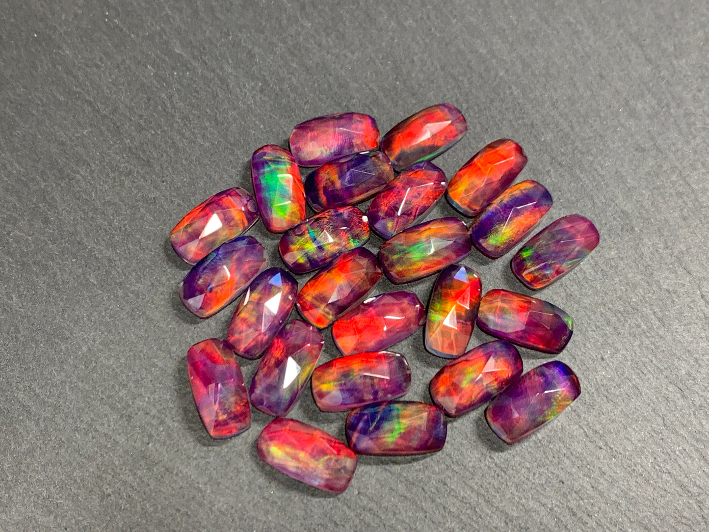 Faceted Aurora Opal rectangle 7x14mm cabochon - Doublet cabochons