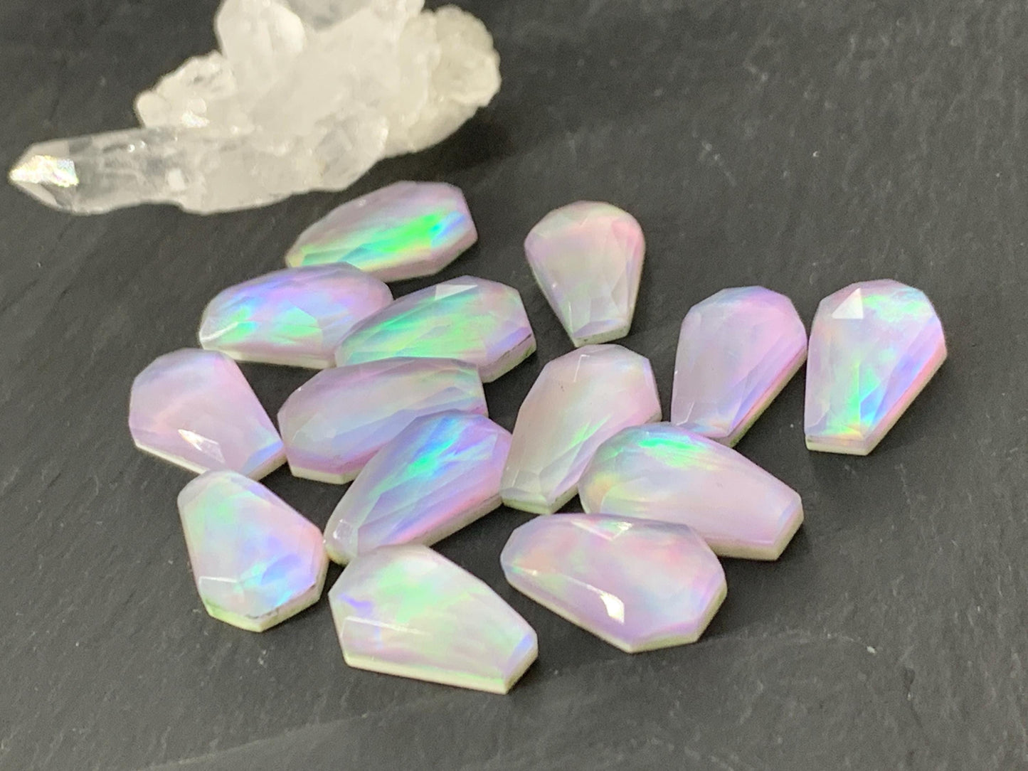Faceted Aurora Opal coffin 10x16mm cabochon - Doublet cabochons