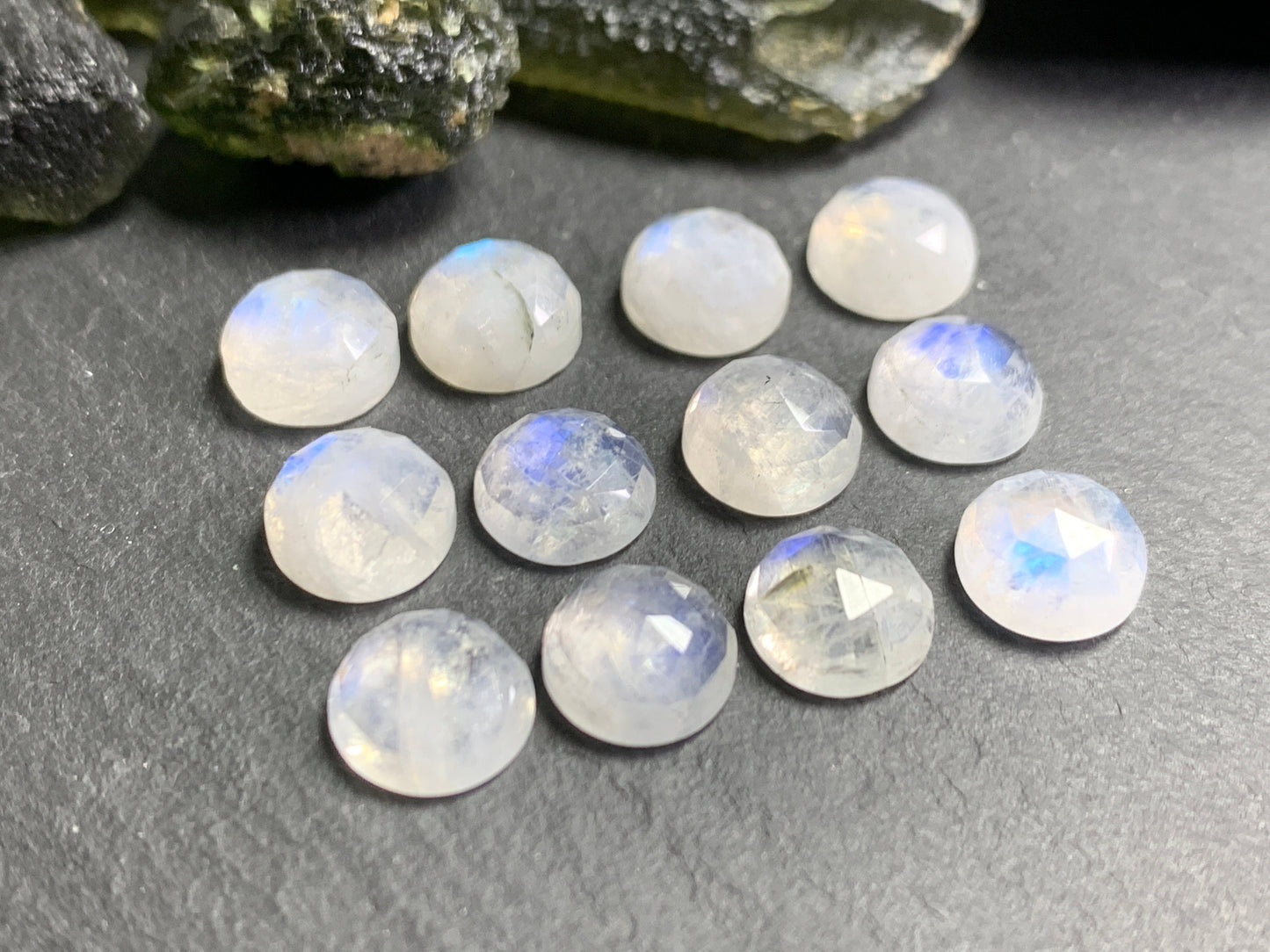 Faceted Rainbow Moonstone round 8mm cabochon