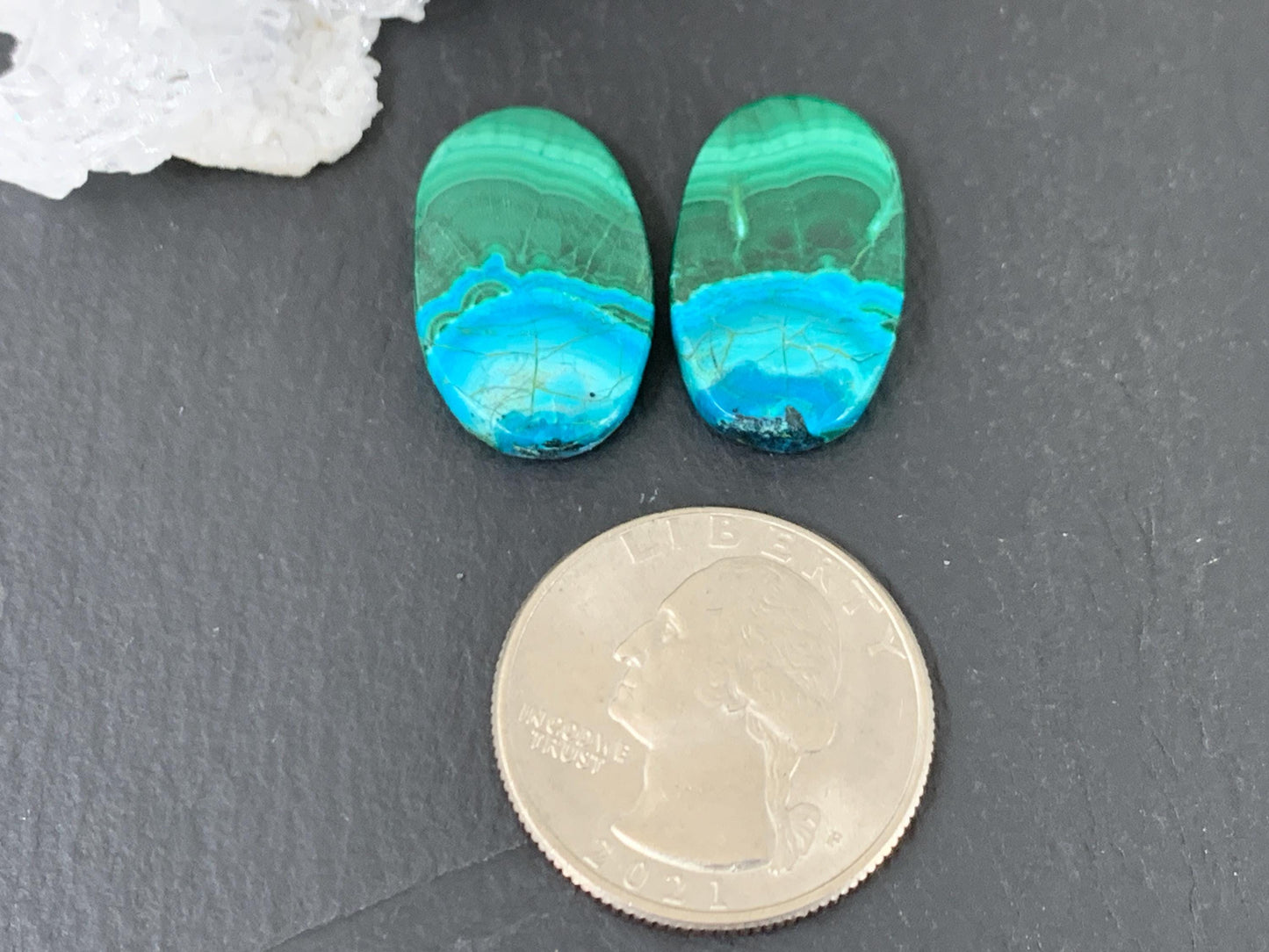 Discounted Malachite Chrysocolla oval 14x22x4mm cabochon pair