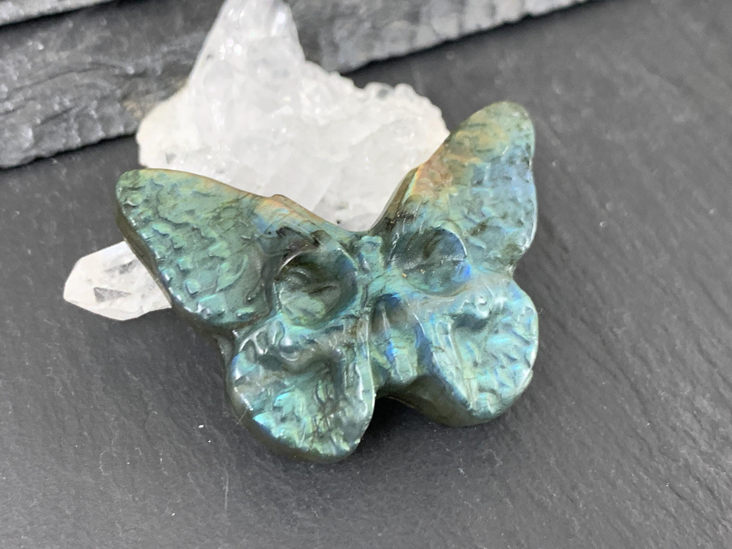 Labradorite Butterfly Carving – Natural 29x41mm Flat Back Stone Gem