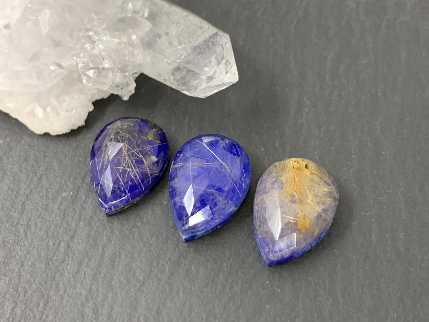 Faceted Gold Rutilated Quartz Lapis Lazuli pear 10x14mm cabochon - Doublem cabochons