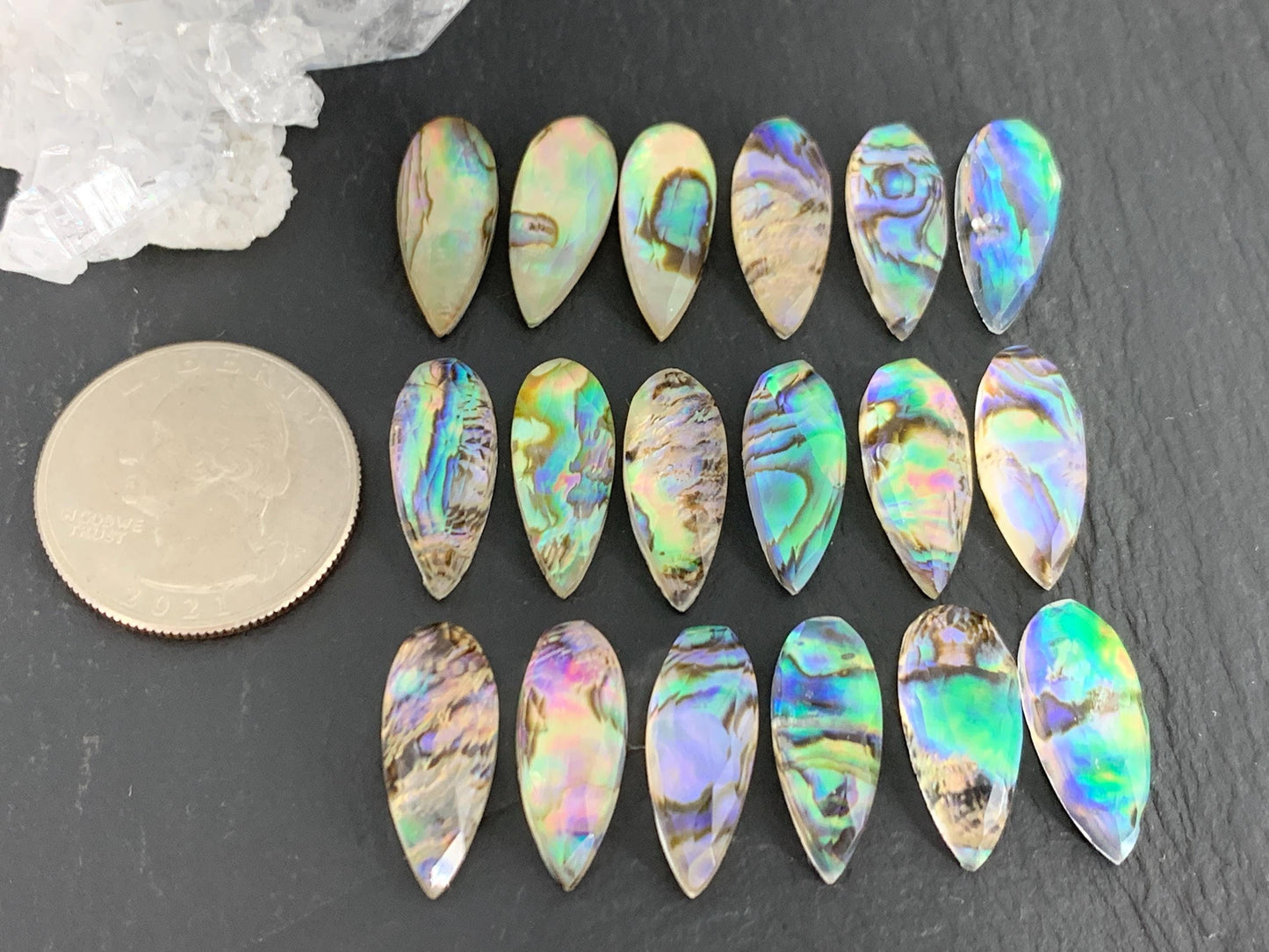Faceted Abalone pear 8x20mm doublet cabochon