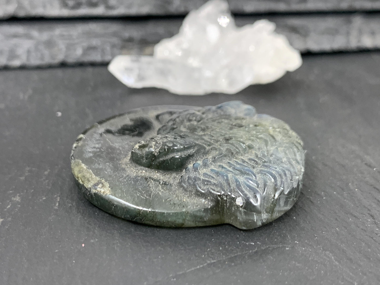Labradorite Wolf Carving - 40mm Natural Gemstone Flat Back Design