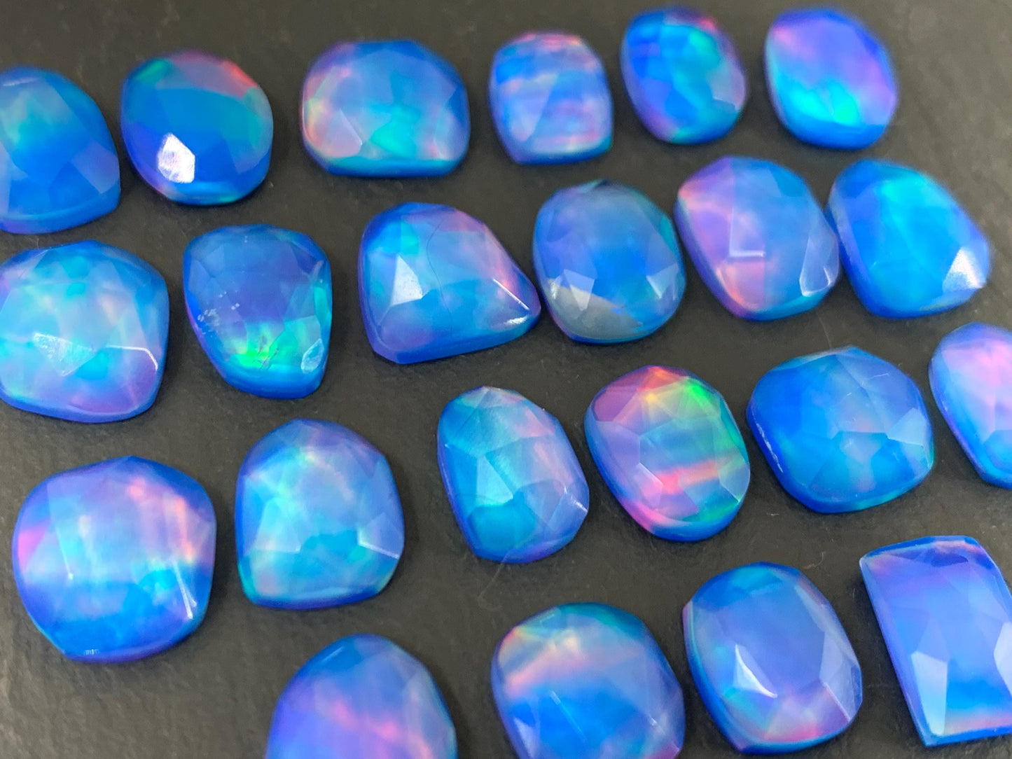 Faceted Aurora Opal free form 9-10mm long doublet cabochons - Doublet cabochons
