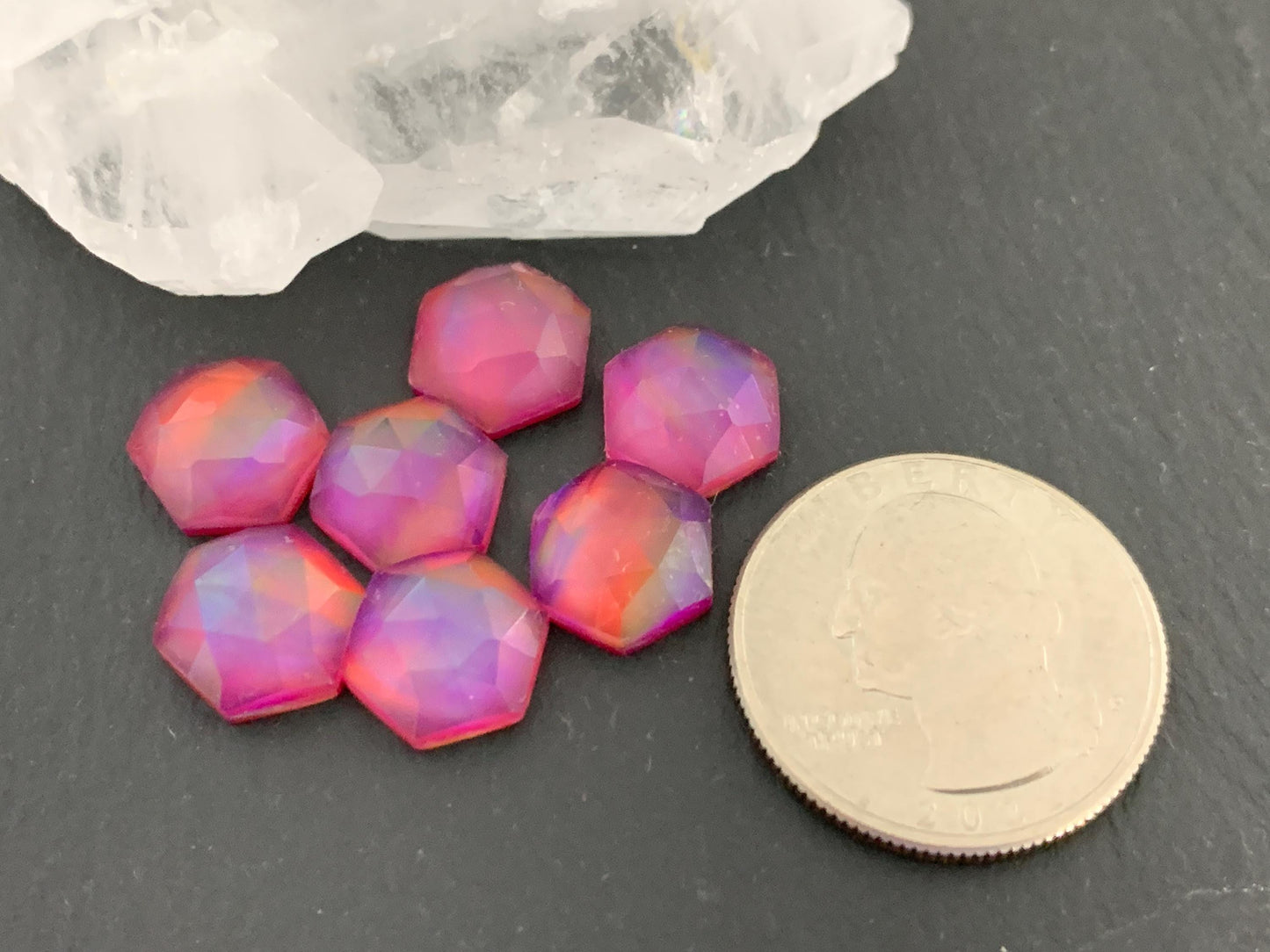 Faceted Aurora Opal hexagon 10mm cabochon - Doublet cabochons