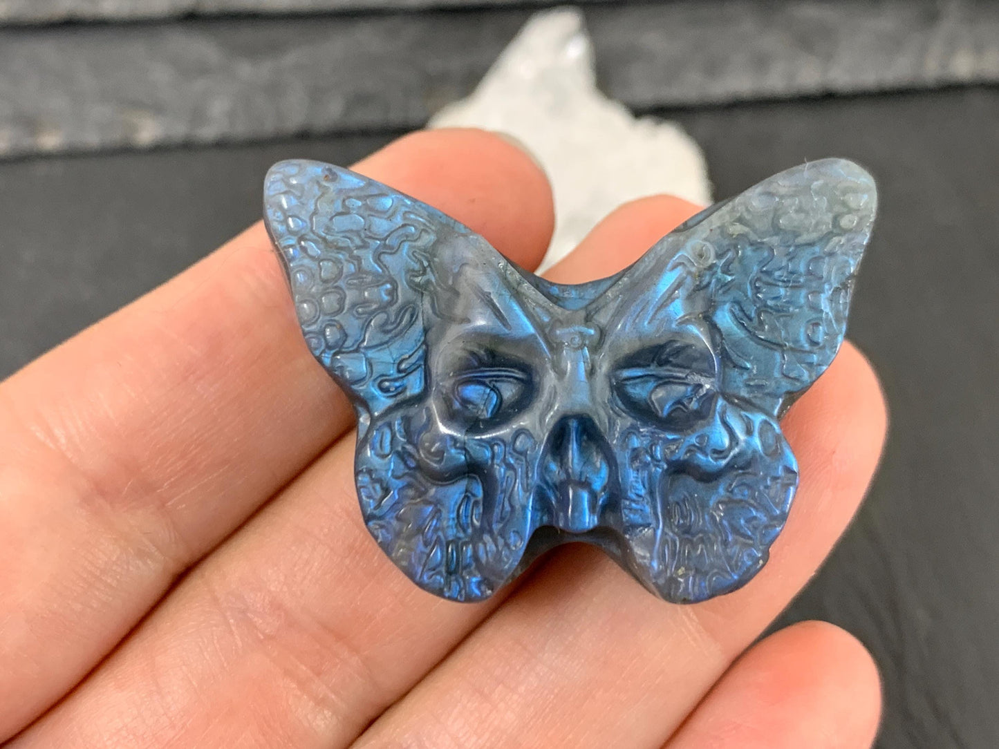 Ghost Face Butterfly Carving - Hand Carved Gemstone, Natural Labradorite Stone Gift