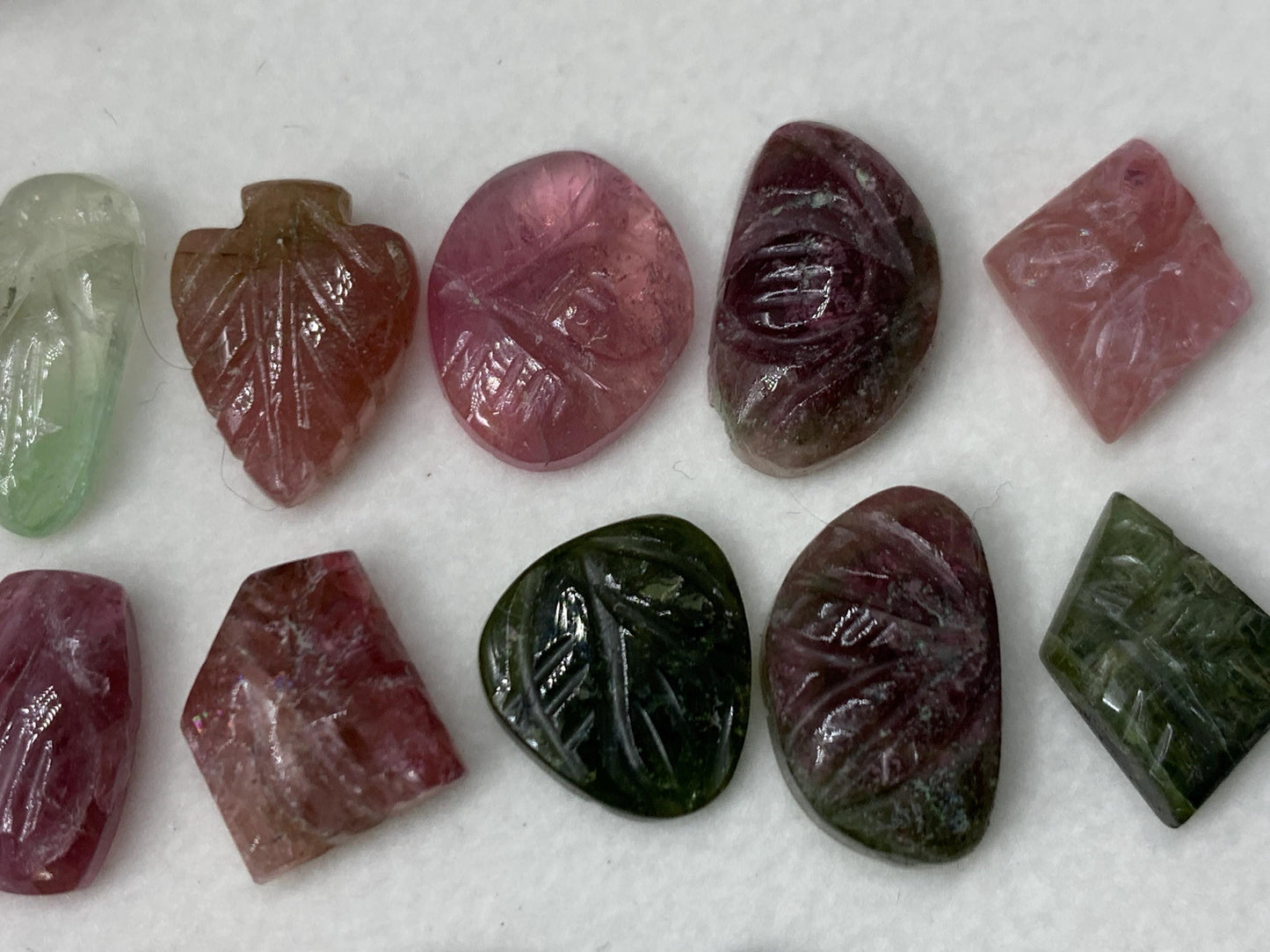 Discounted damaged carved Watermelon Tourmaline 9-15mm long cabochon