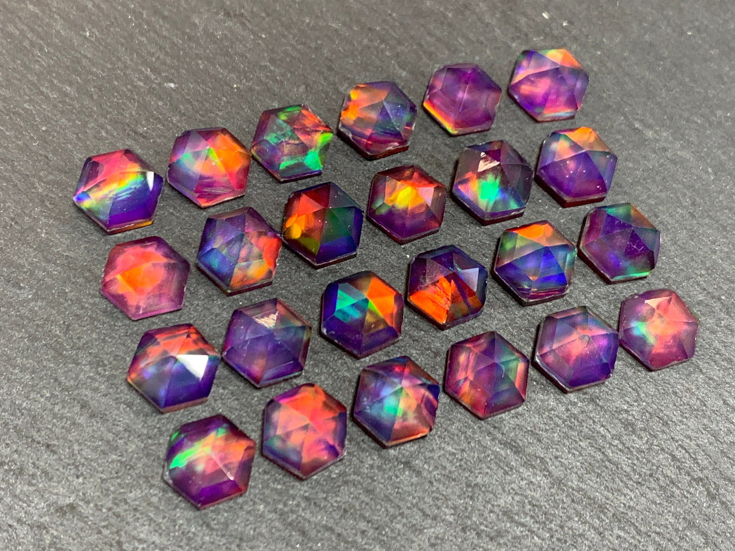 Faceted Aurora Opal hexagon 8mm cabochon - Doublet cabochon
