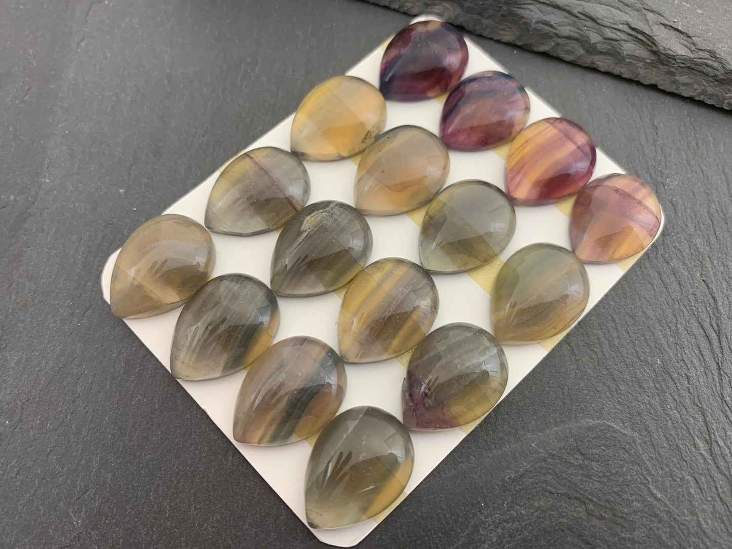 Green- Yellow Fluorite pear 15x20mm Cabochon - Calibrated cabochons