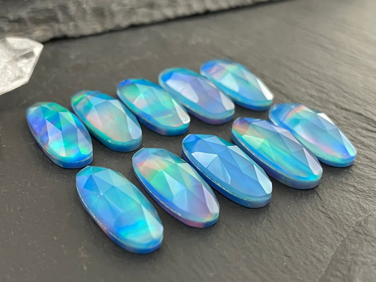 Faceted Aurora Opal oval 8x20mm cabochon - Doublet cabochons